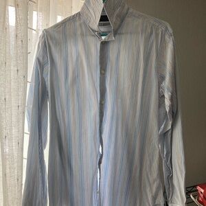 Thomas Dean Blue and White Casual Button Down Shirt